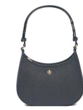 Tory Burch Black Leather Crescent Shoulder Bag with Gold Logo